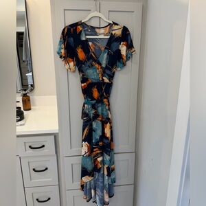 West Kai Floral High Low Midi Stretch Faux Wrap Dress XS
